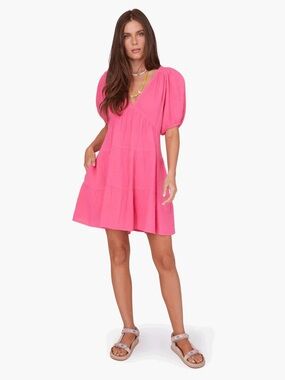 XiRENA Pink Tiered Mini Dress with Puff Sleeves